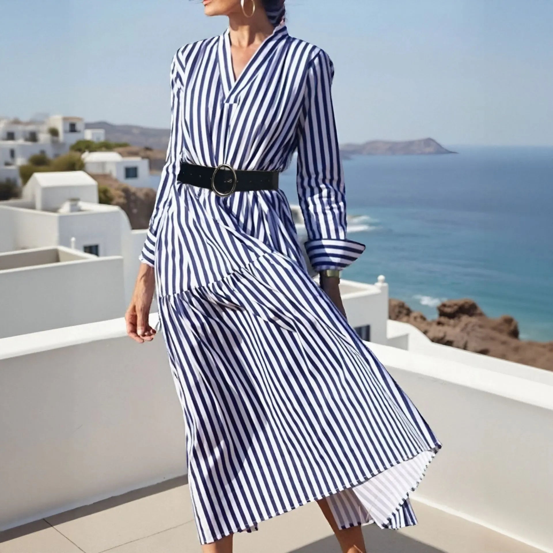 Summer women's long sleeve V-neck mid-length striped dress