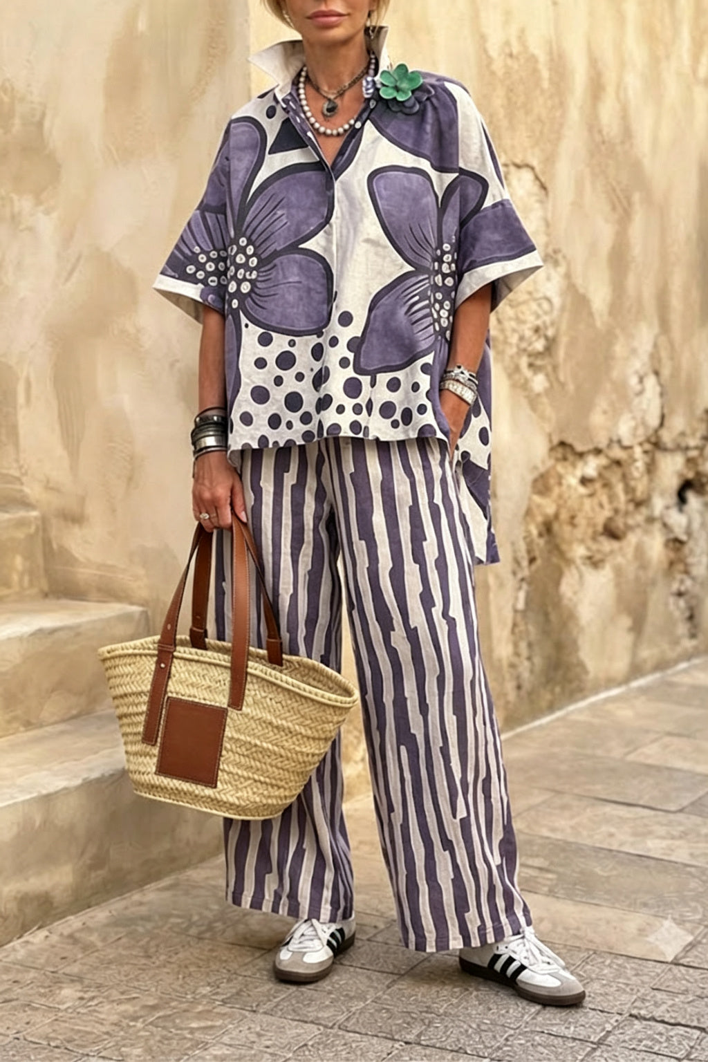 Floral Print Casual Two-Piece Pant Set