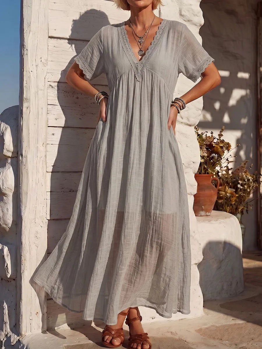 Vintage Art Comfortable Summer Fabrics Cotton Linen Patchwork Lace Dress