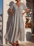 Vintage Art Comfortable Summer Fabrics Cotton Linen Patchwork Lace Dress