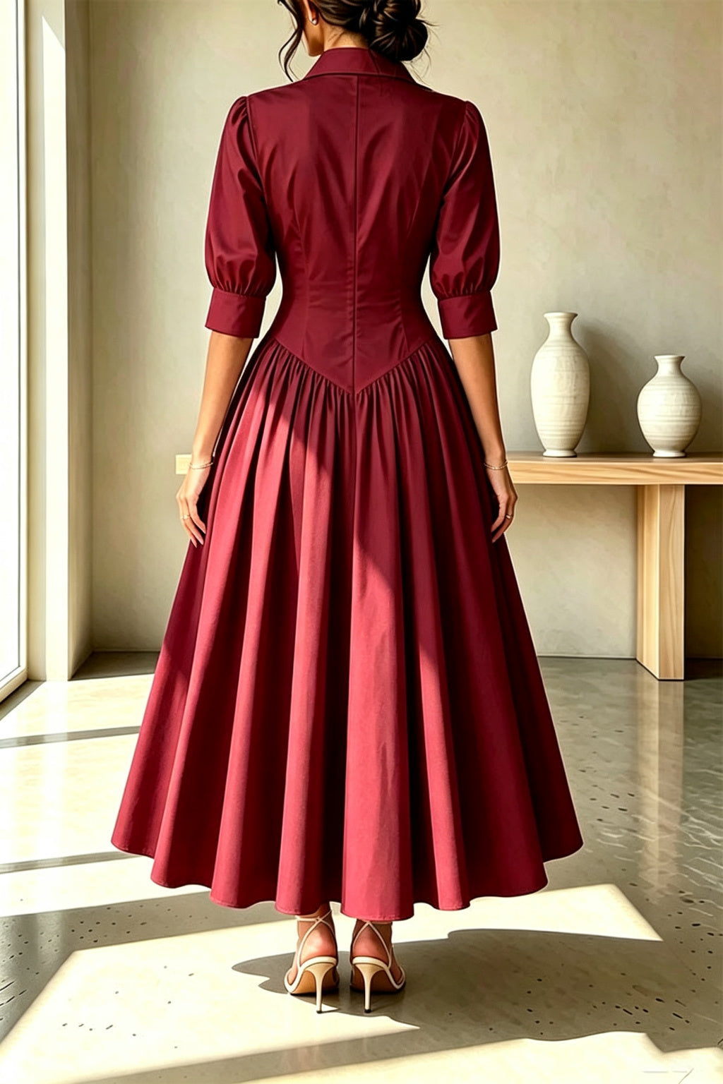 Elegant Linen Blend High Waisted Button Front Detail Pocket Shirt Umbrella Maxi Dress