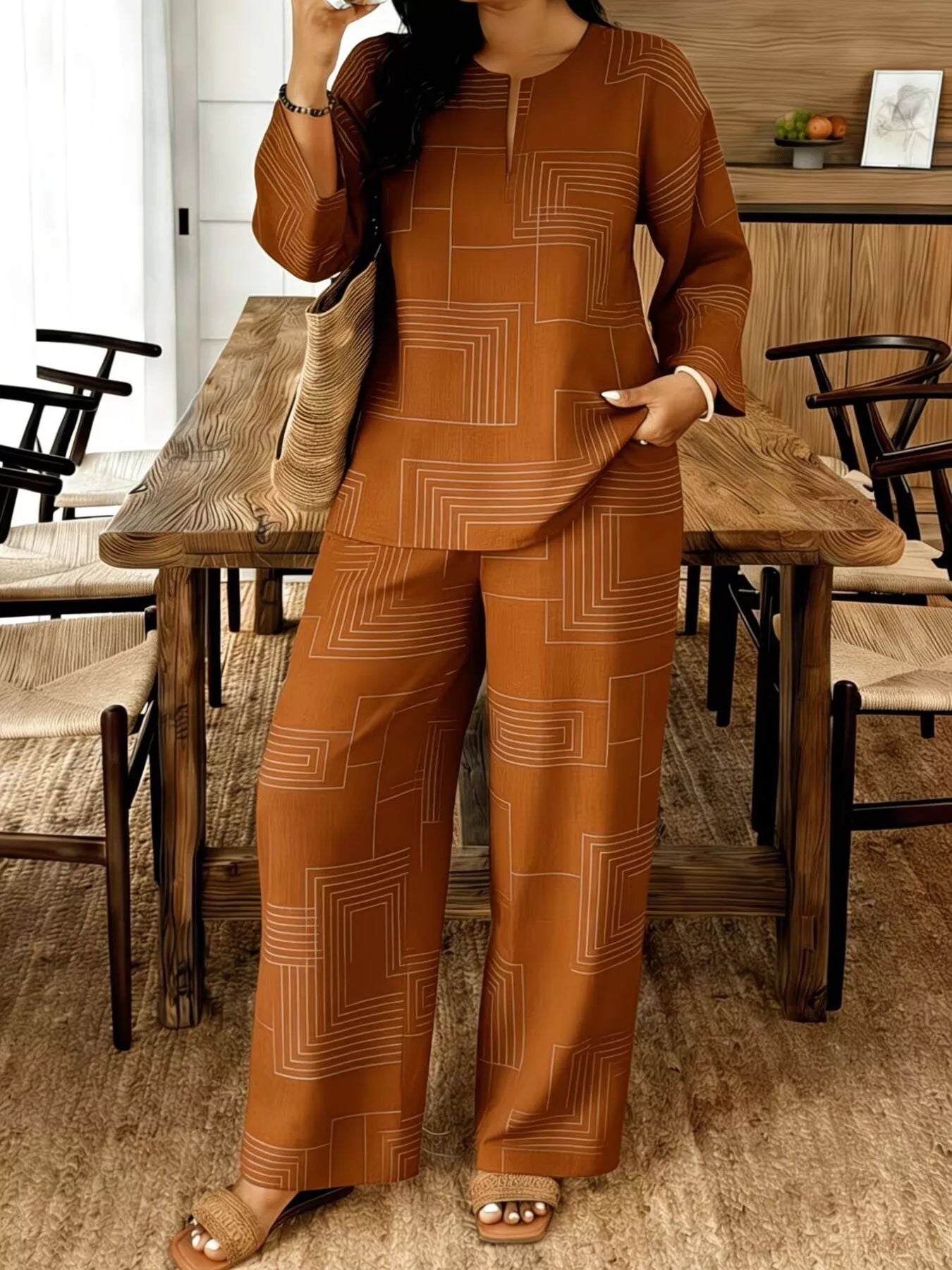 Geometric Print Relaxed Fit Top and Pants Set