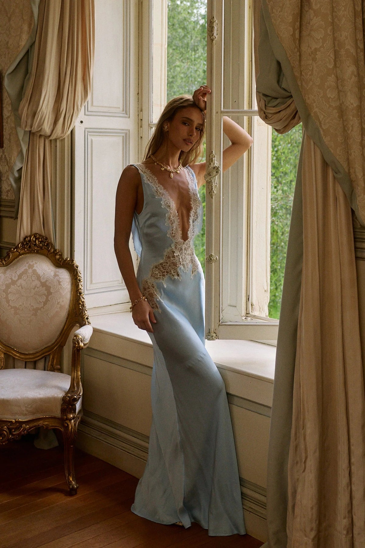 Sky Blue Deep-V Lace Insert Maxi Dress