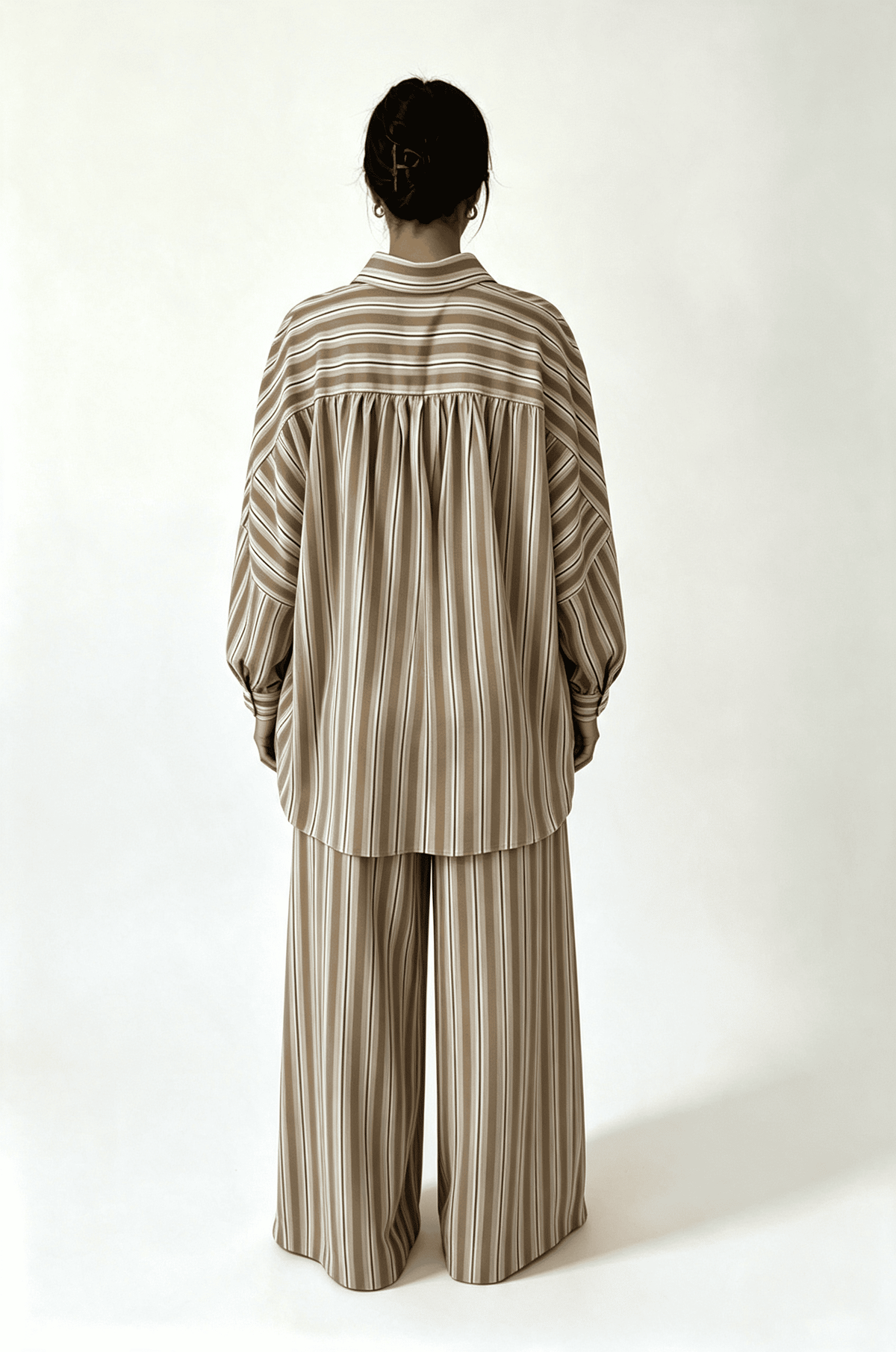 Brown Casual Stripe Pants Set