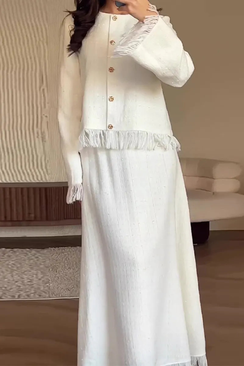 Fringed Trim Round Neck Long Sleeve Jacket Maxi Skirt Matching Set