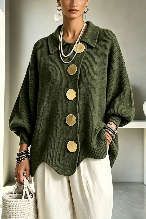 Shelia Knit Oversized Metal Buckle Balloon Sleeve Lapel Cardigan