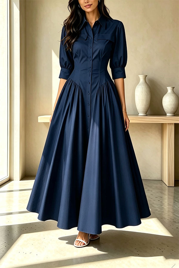 Elegant Linen Blend High Waisted Button Front Detail Pocket Shirt Umbrella Maxi Dress