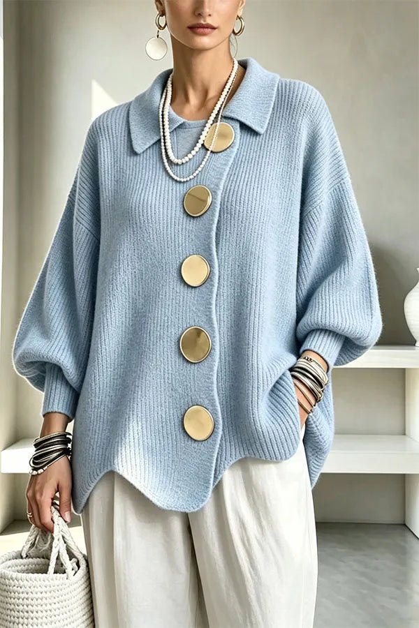 Shelia Knit Oversized Metal Buckle Balloon Sleeve Lapel Cardigan