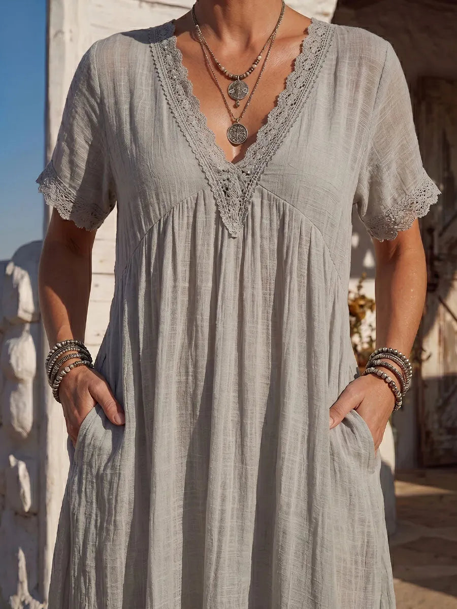 Vintage Art Comfortable Summer Fabrics Cotton Linen Patchwork Lace Dress