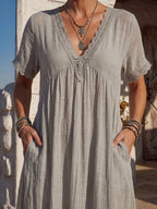 Vintage Art Comfortable Summer Fabrics Cotton Linen Patchwork Lace Dress