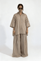 Brown Casual Stripe Pants Set