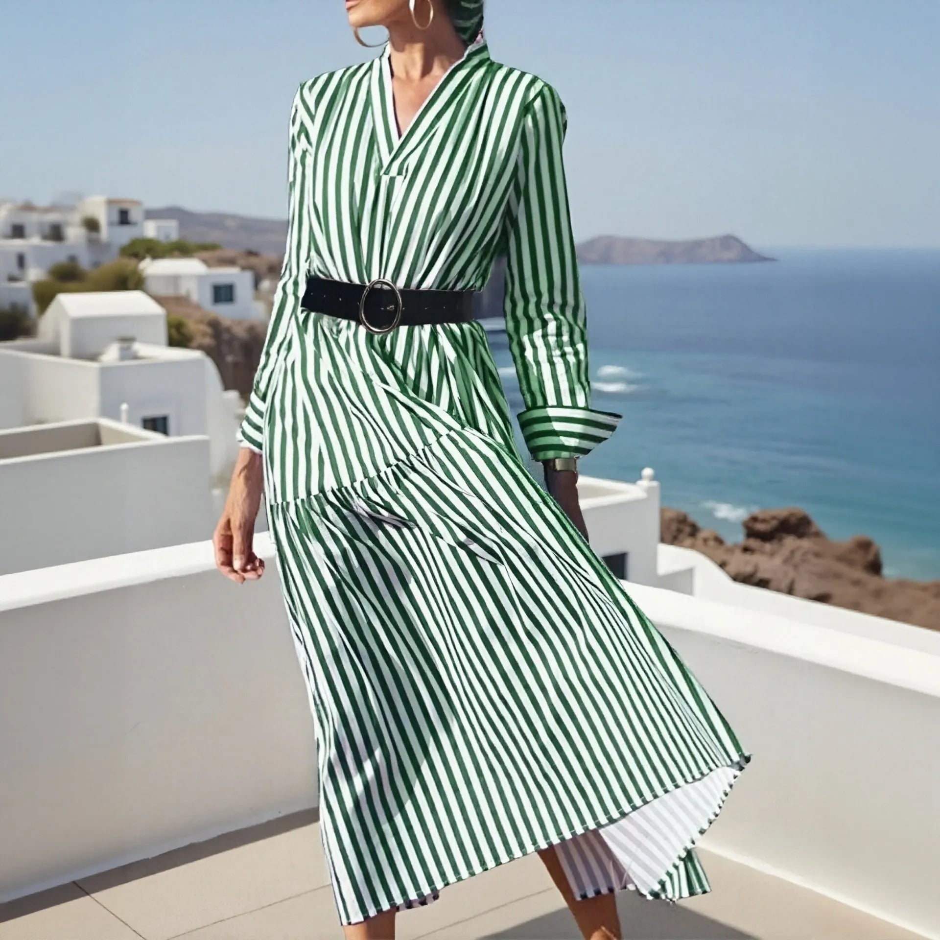 Summer women's long sleeve V-neck mid-length striped dress