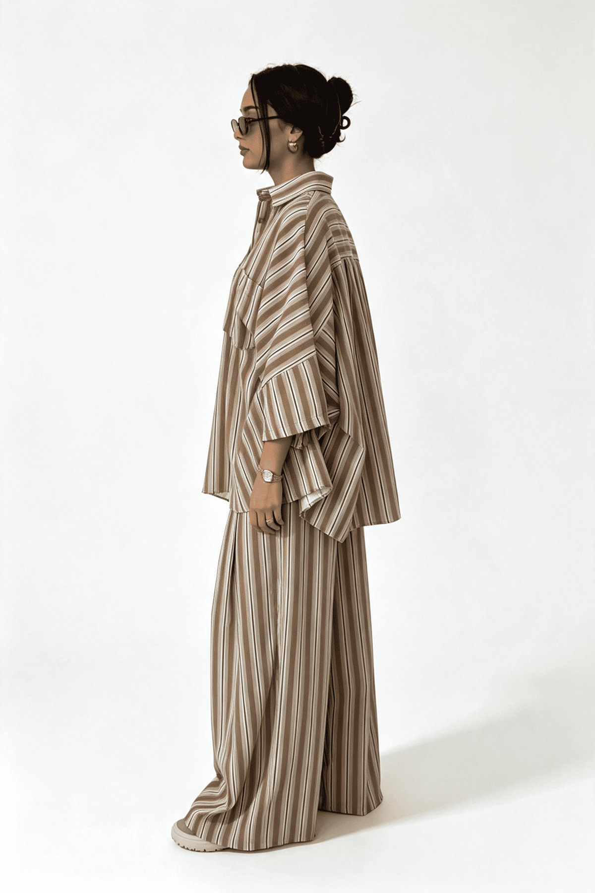 Brown Casual Stripe Pants Set