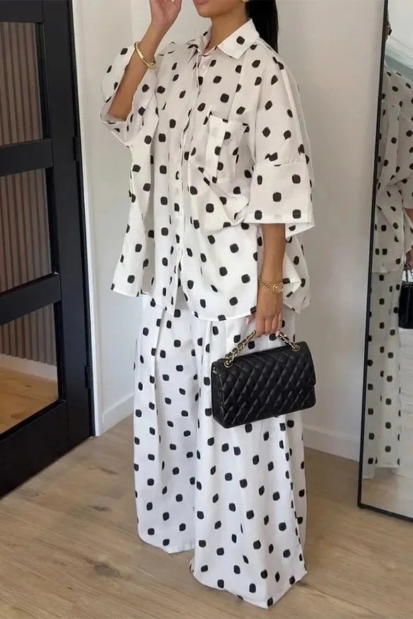 White Black Polka Dot  Pants Set