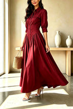 Elegant Linen Blend High Waisted Button Front Detail Pocket Shirt Umbrella Maxi Dress