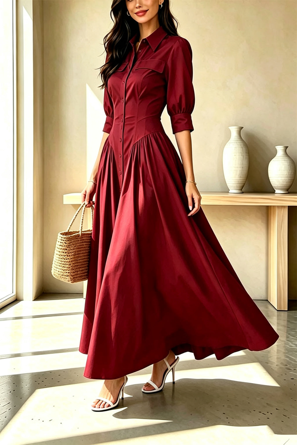 Elegant Linen Blend High Waisted Button Front Detail Pocket Shirt Umbrella Maxi Dress