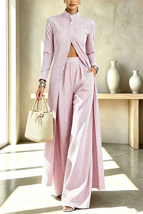 Casual Elegant Striped Print Long Sleeve Midi Shirt and High Rise Pocket Wide Leg Pants Set