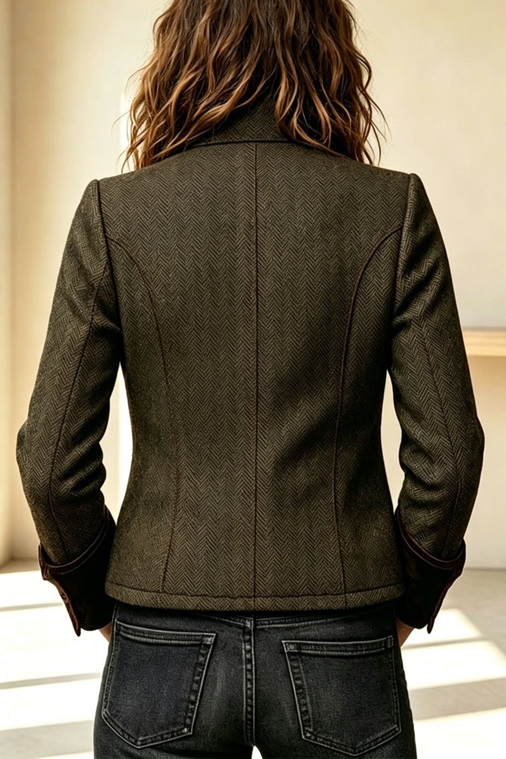 Vintage Herringbone Tweed Velvet Trim Button Up Pocket Long Sleeve Jacket