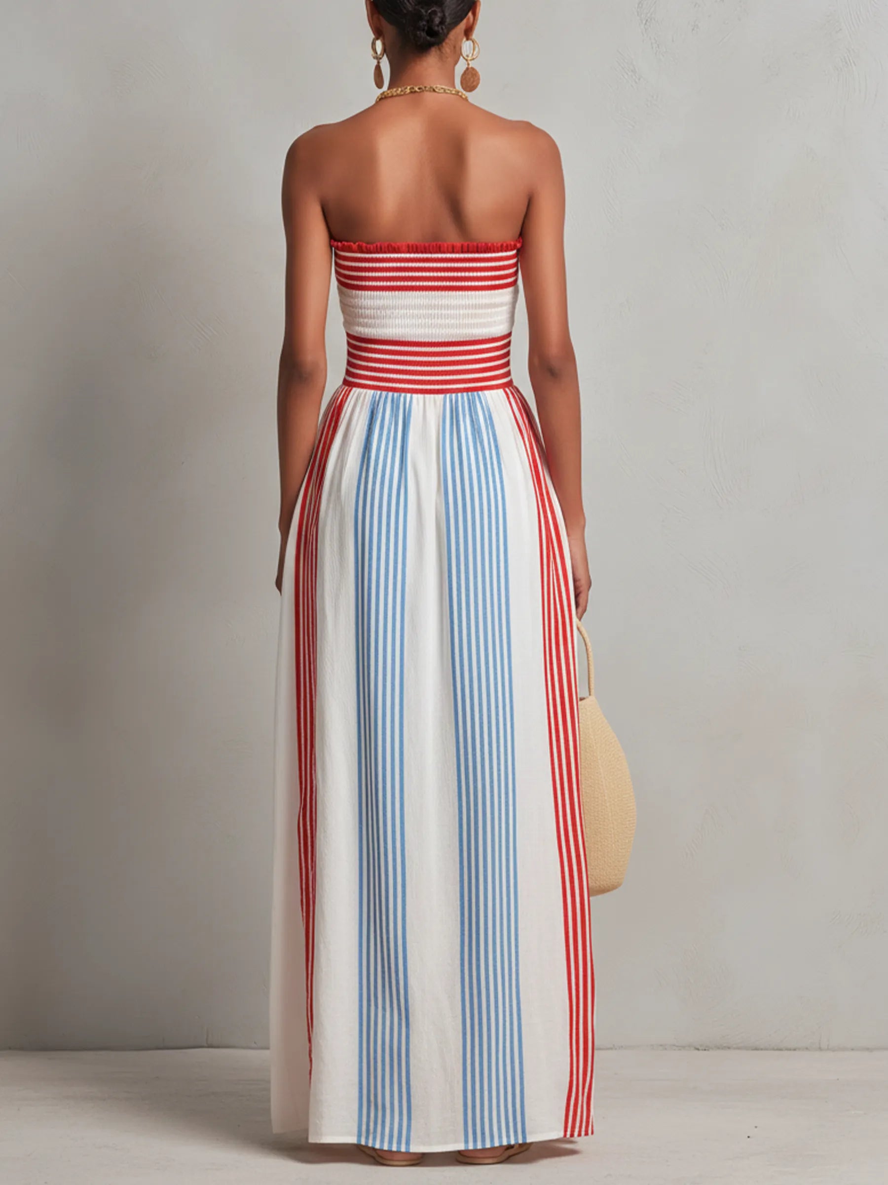 Red & Blue Striped Smocked Strapless Maxi Dress