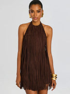 Halter-Style Tassels Faux Suede Mini Dress