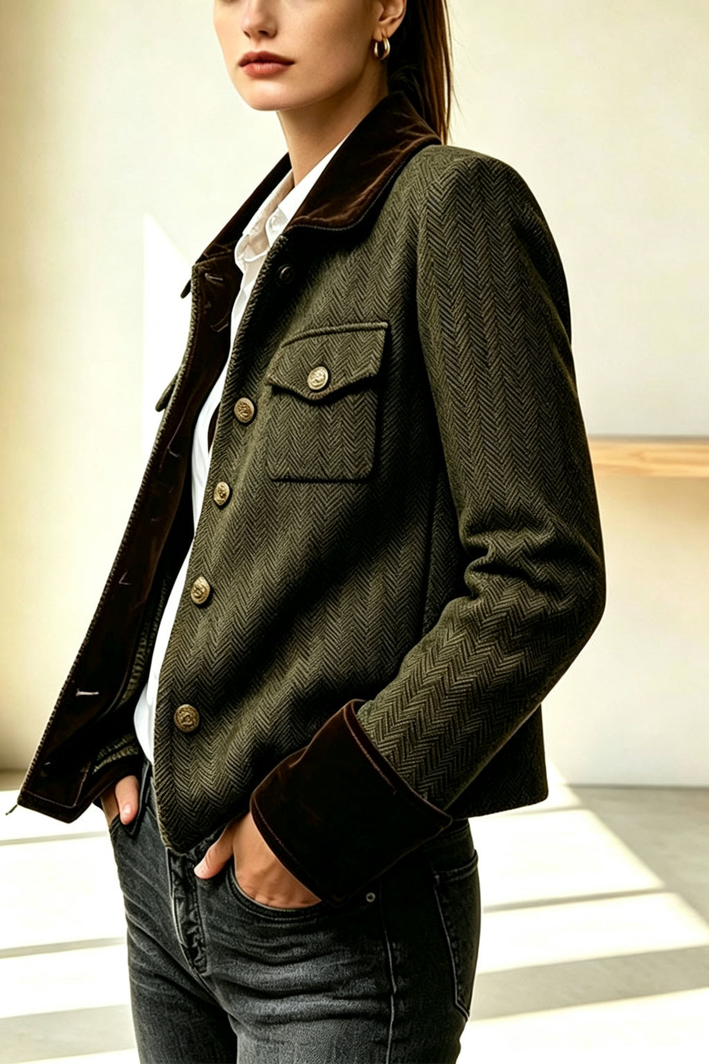 Vintage Herringbone Tweed Velvet Trim Button Up Pocket Long Sleeve Jacket