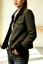 Vintage Herringbone Tweed Velvet Trim Button Up Pocket Long Sleeve Jacket