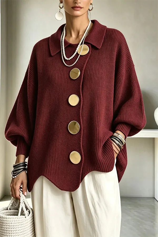 Shelia Knit Oversized Metal Buckle Balloon Sleeve Lapel Cardigan