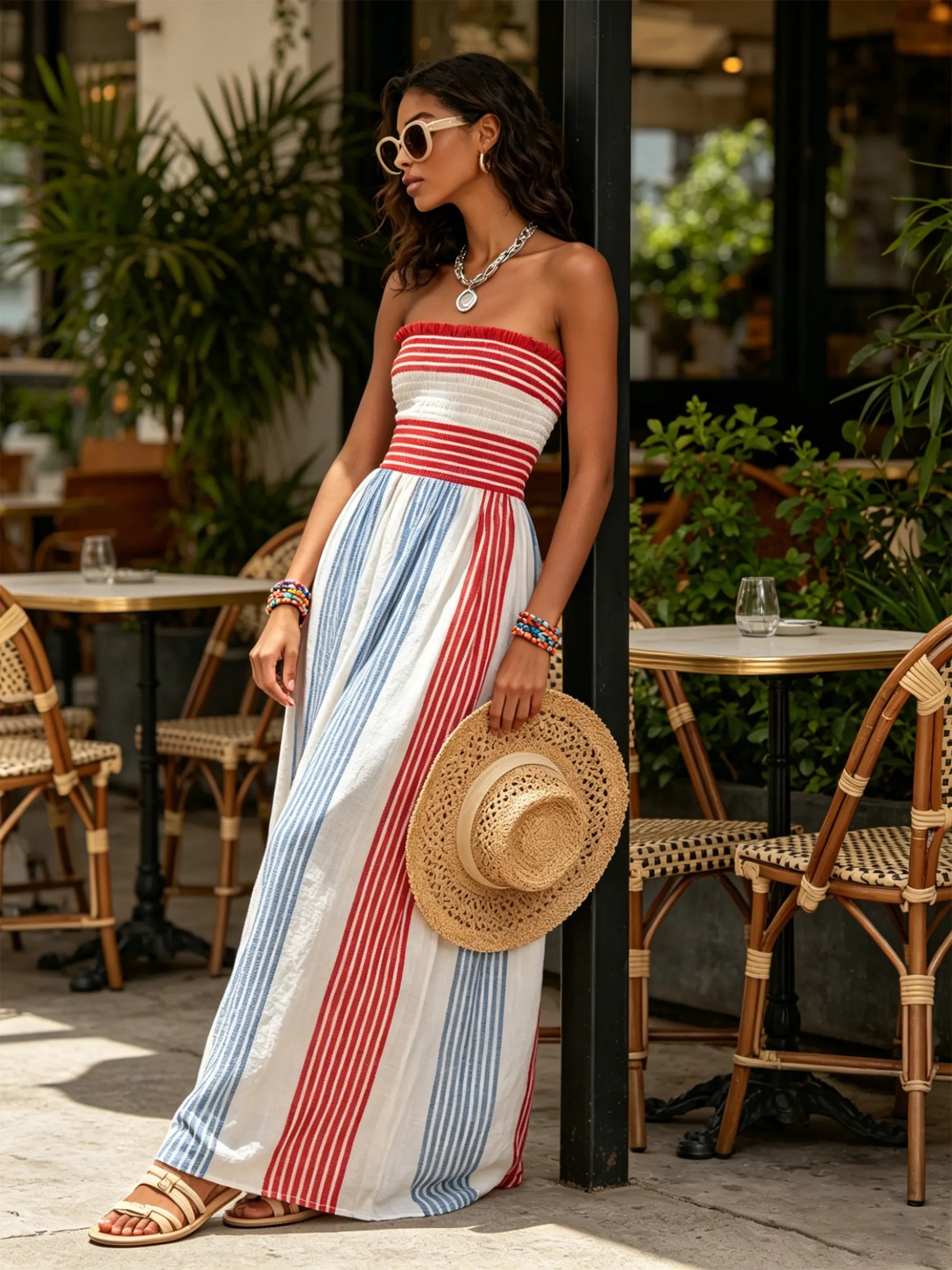 Red & Blue Striped Smocked Strapless Maxi Dress