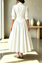 Elegant Linen Blend High Waisted Button Front Detail Pocket Shirt Umbrella Maxi Dress