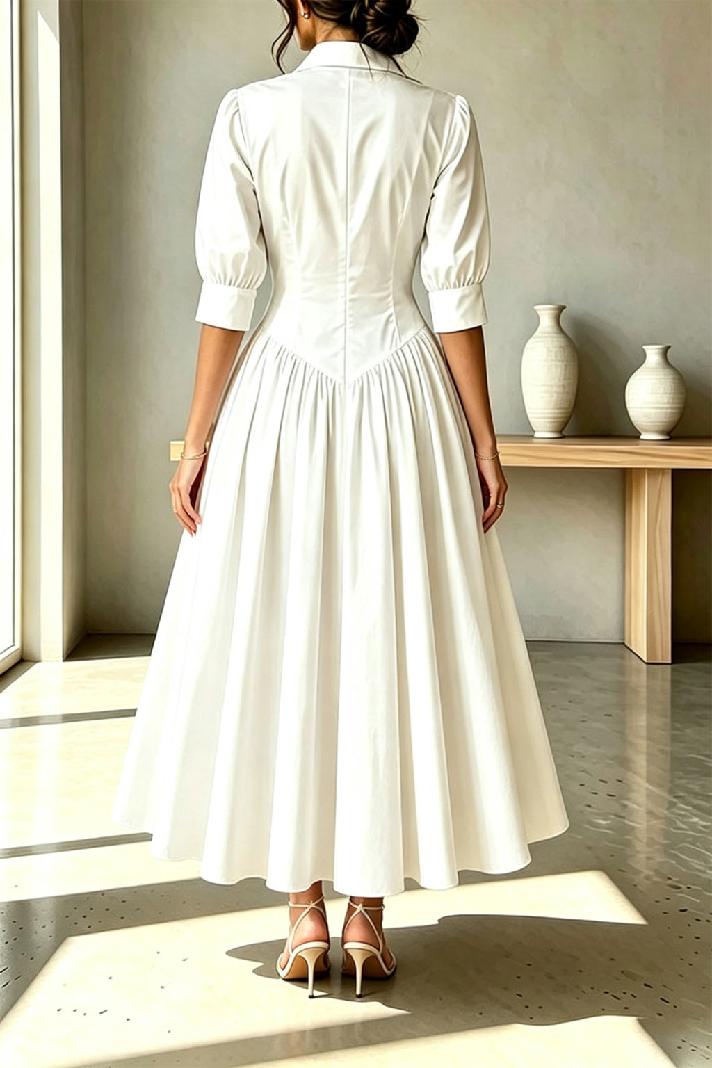 Elegant Linen Blend High Waisted Button Front Detail Pocket Shirt Umbrella Maxi Dress