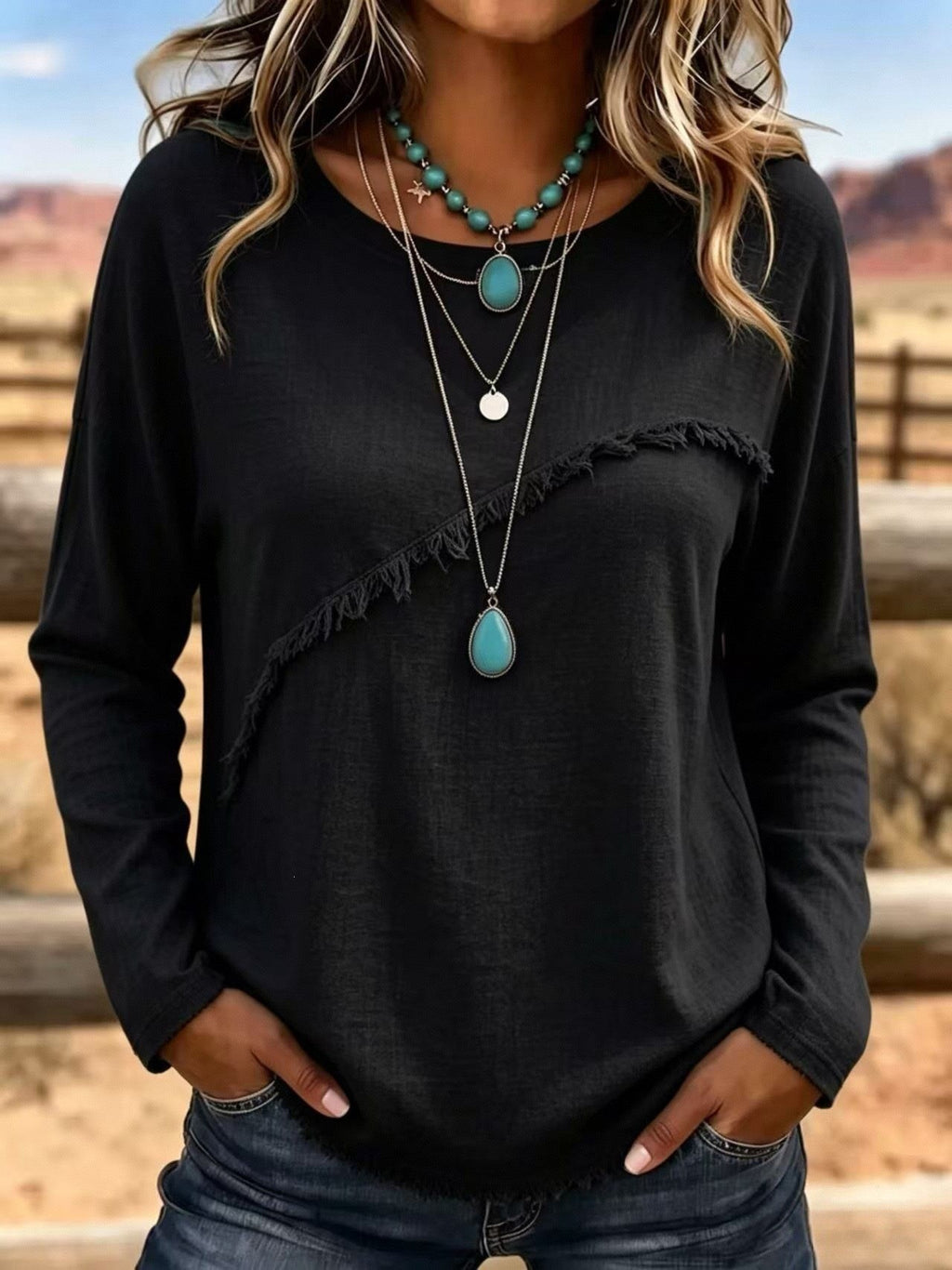 Women's Linen-feel Shirts Patchwork Asymmetric Fringe Solid Color Bohemia Long Sleeve Crew Neck Regular Tops