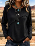 Women's Linen-feel Shirts Patchwork Asymmetric Fringe Solid Color Bohemia Long Sleeve Crew Neck Regular Tops