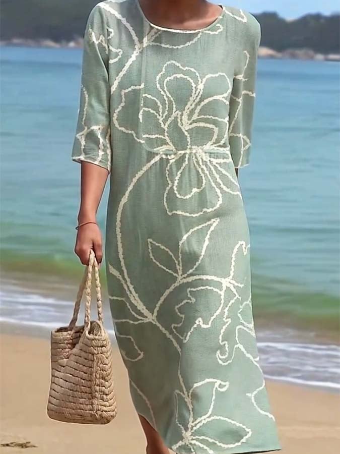 Women's Casual  Round Neck Mid Sleeve Print Cotton and Linen Dress