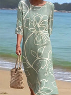 Women's Casual  Round Neck Mid Sleeve Print Cotton and Linen Dress