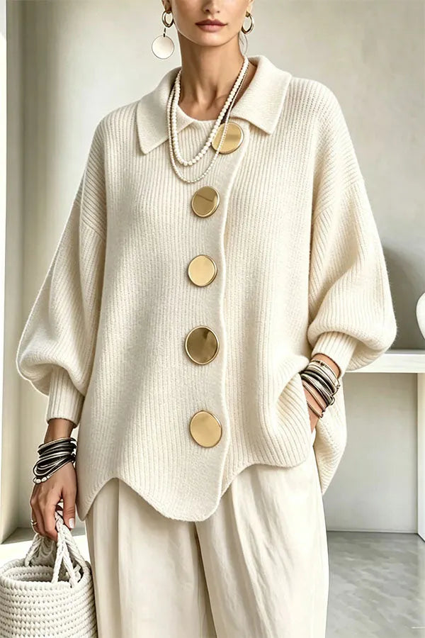 Shelia Knit Oversized Metal Buckle Balloon Sleeve Lapel Cardigan
