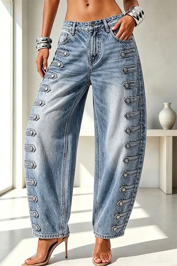 Napoleon-style Denim Metal Buttons Detail High Rise Pocket Loose Jeans