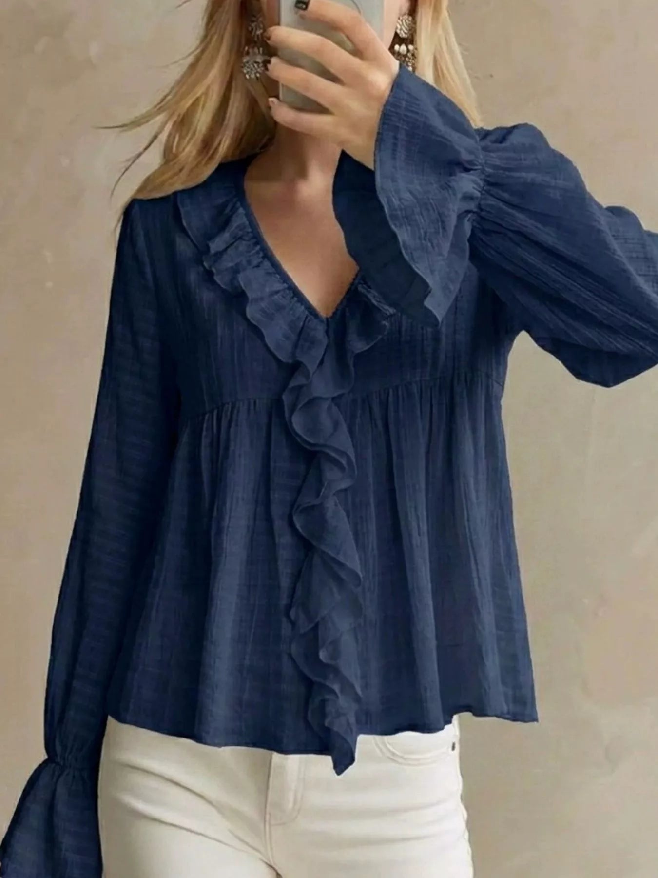 Ruffled V-Neck Flounce Sleeve Blouse