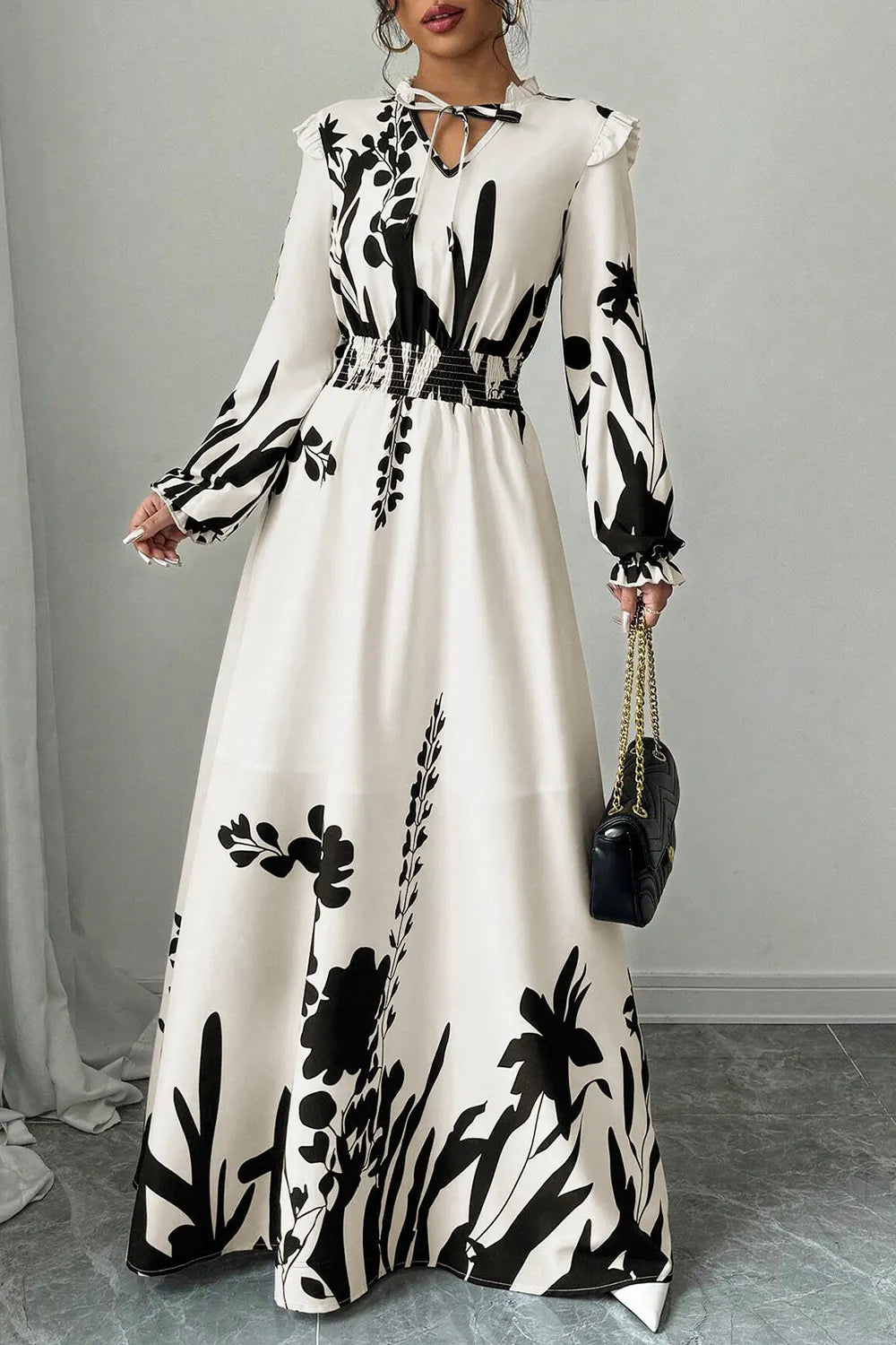 Floral Print Tie Up Frilled V Neck Long Sleeve Cinch Waist Maxi Dresses