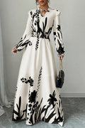 Floral Print Tie Up Frilled V Neck Long Sleeve Cinch Waist Maxi Dresses