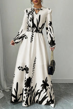 Floral Print Tie Up Frilled V Neck Long Sleeve Cinch Waist Maxi Dresses