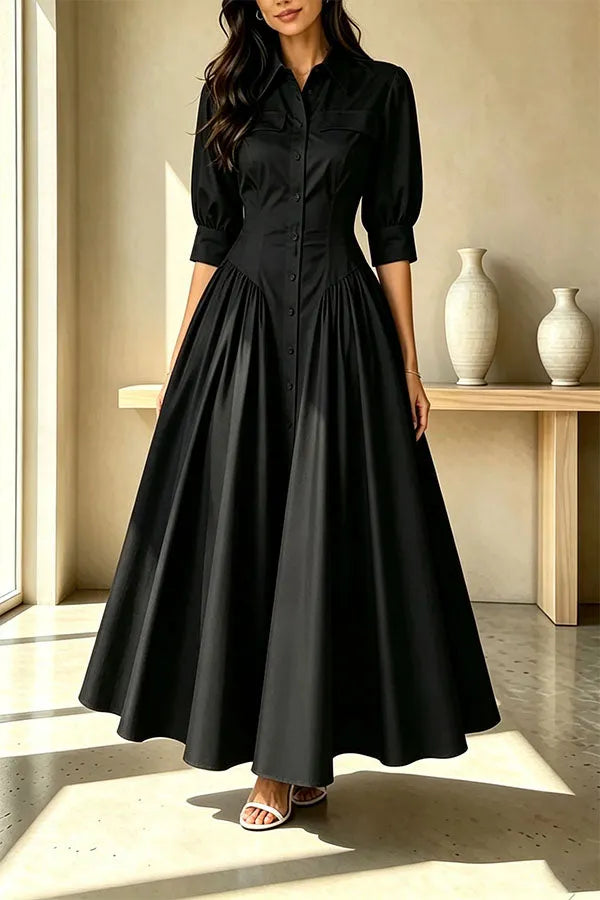 Elegant Linen Blend High Waisted Button Front Detail Pocket Shirt Umbrella Maxi Dress