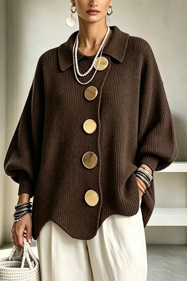 Shelia Knit Oversized Metal Buckle Balloon Sleeve Lapel Cardigan
