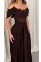 Maguire Chiffon Ruched Floral Lace Patchwork Off Shoulder Drape Gown Maxi Dress