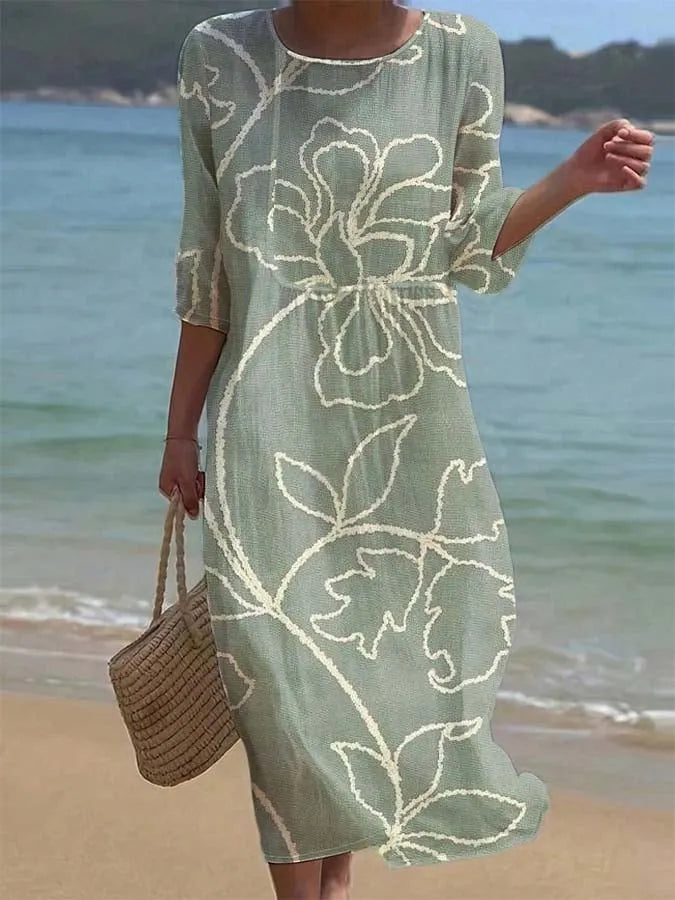 Women's Casual  Round Neck Mid Sleeve Print Cotton and Linen Dress