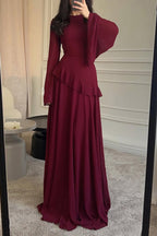 Semi-Sheer Asymmetric Ruffle Trim Flare Sleeve Tied Up Chiffon Maxi Dresses