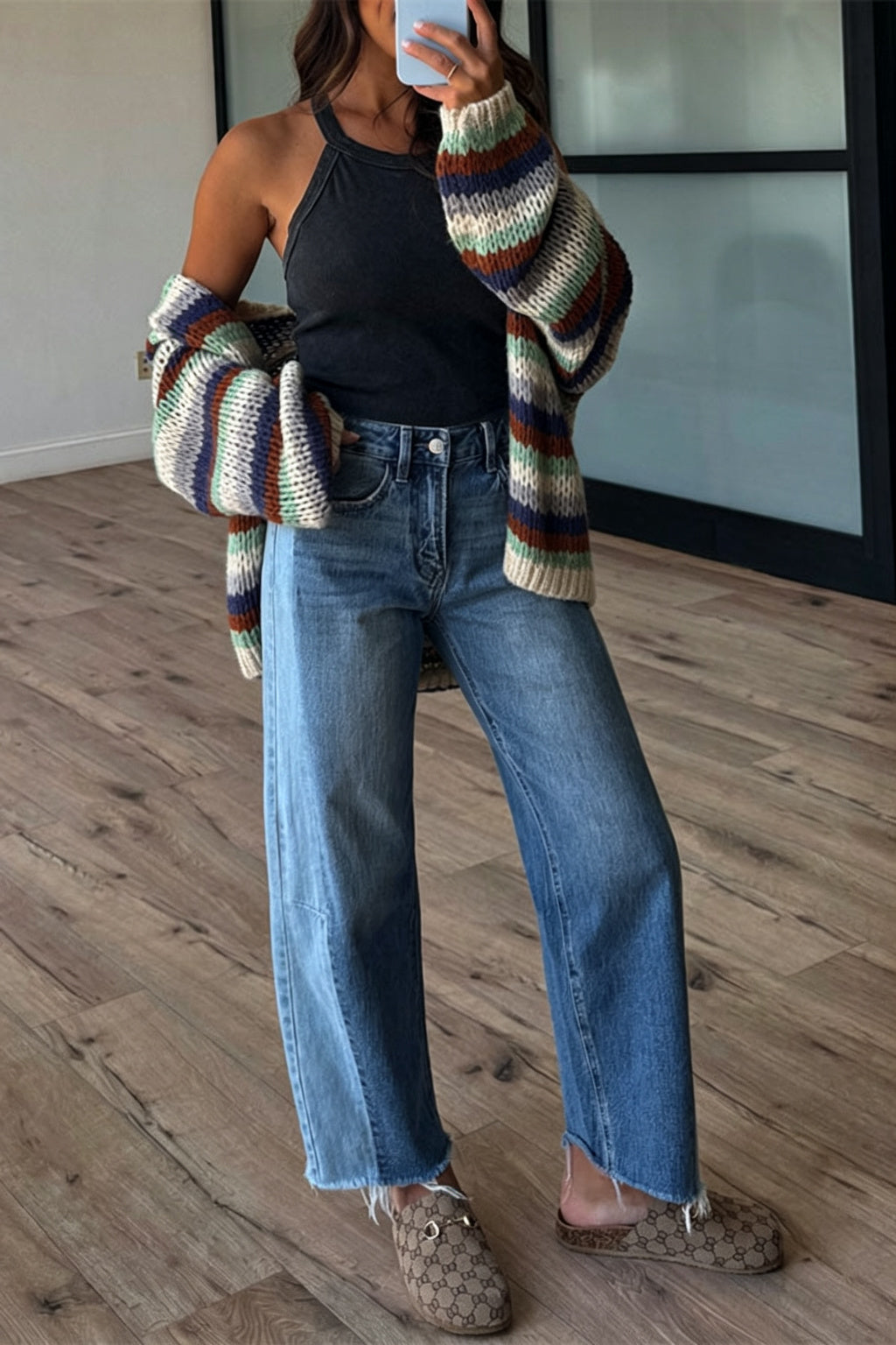 Olya Knit Colorful Stripes Long Balloon Sleeve Open Front Loose Cardigan