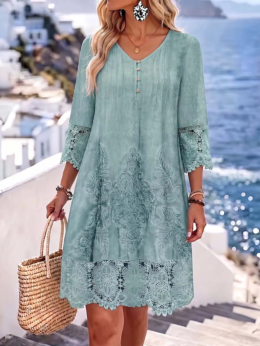 Women's Casual Loose-fit V-neck 3/4 Sleeve Dress With Placement Print And Lace Paneling