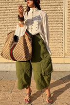 French Romantic Metal Button-down Pleated Ruffle Sleeve Napoleon Shirt