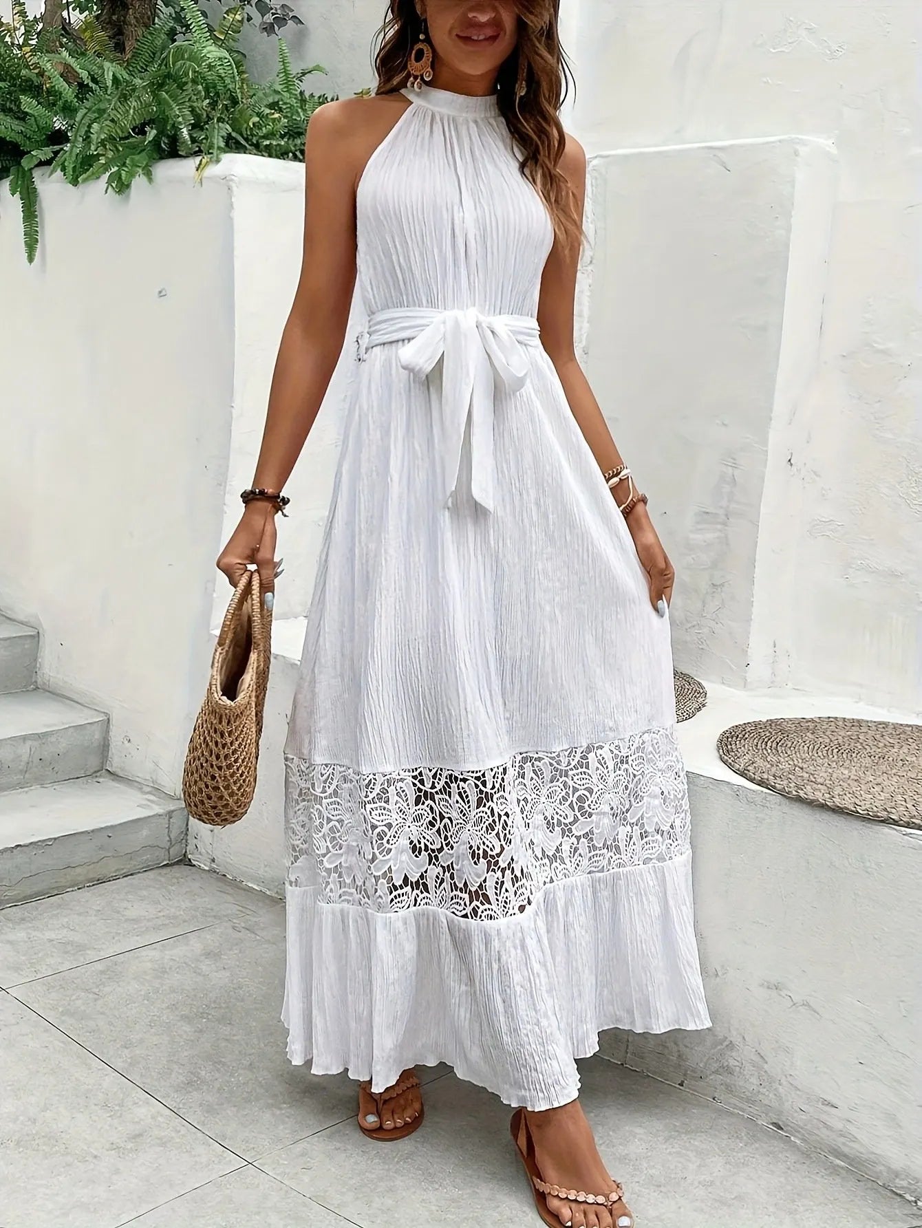 Spliced lace halter neck sleeveless vacation Maxi Dress