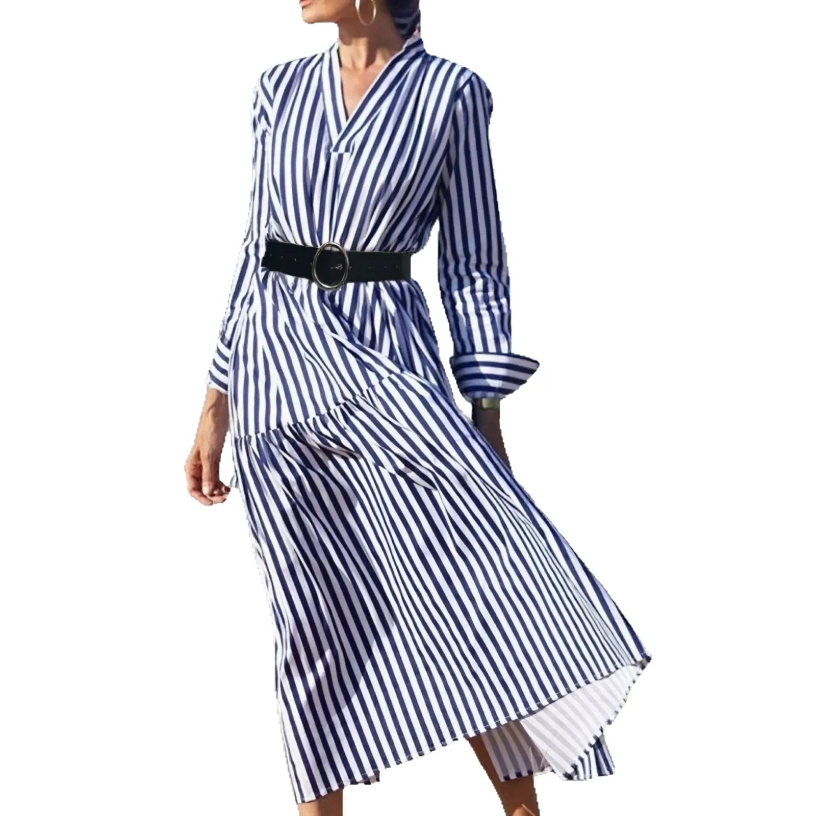 Summer women's long sleeve V-neck mid-length striped dress